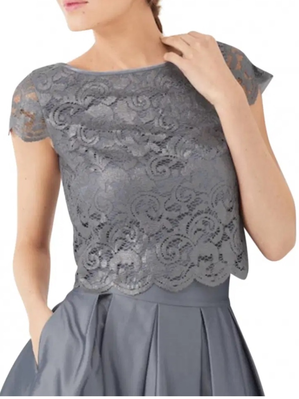 White House Black Market Fairycore Gray Scallop Lace Crop Top